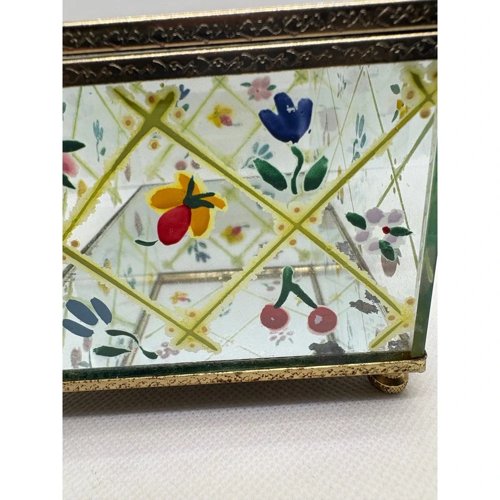 Vintage Hand Painted Glass Jewelry Box Floral Fruit Lattice Brass Trim Mirrored
